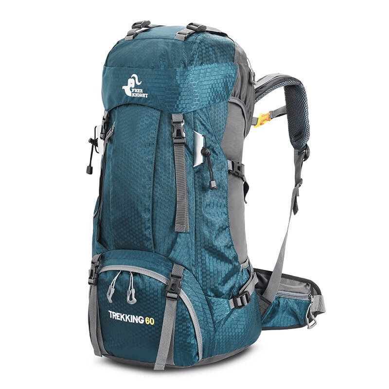 Blue travel backpack with rain cover for hiking, featuring 60-liter capacity and ergonomic design for men and women.